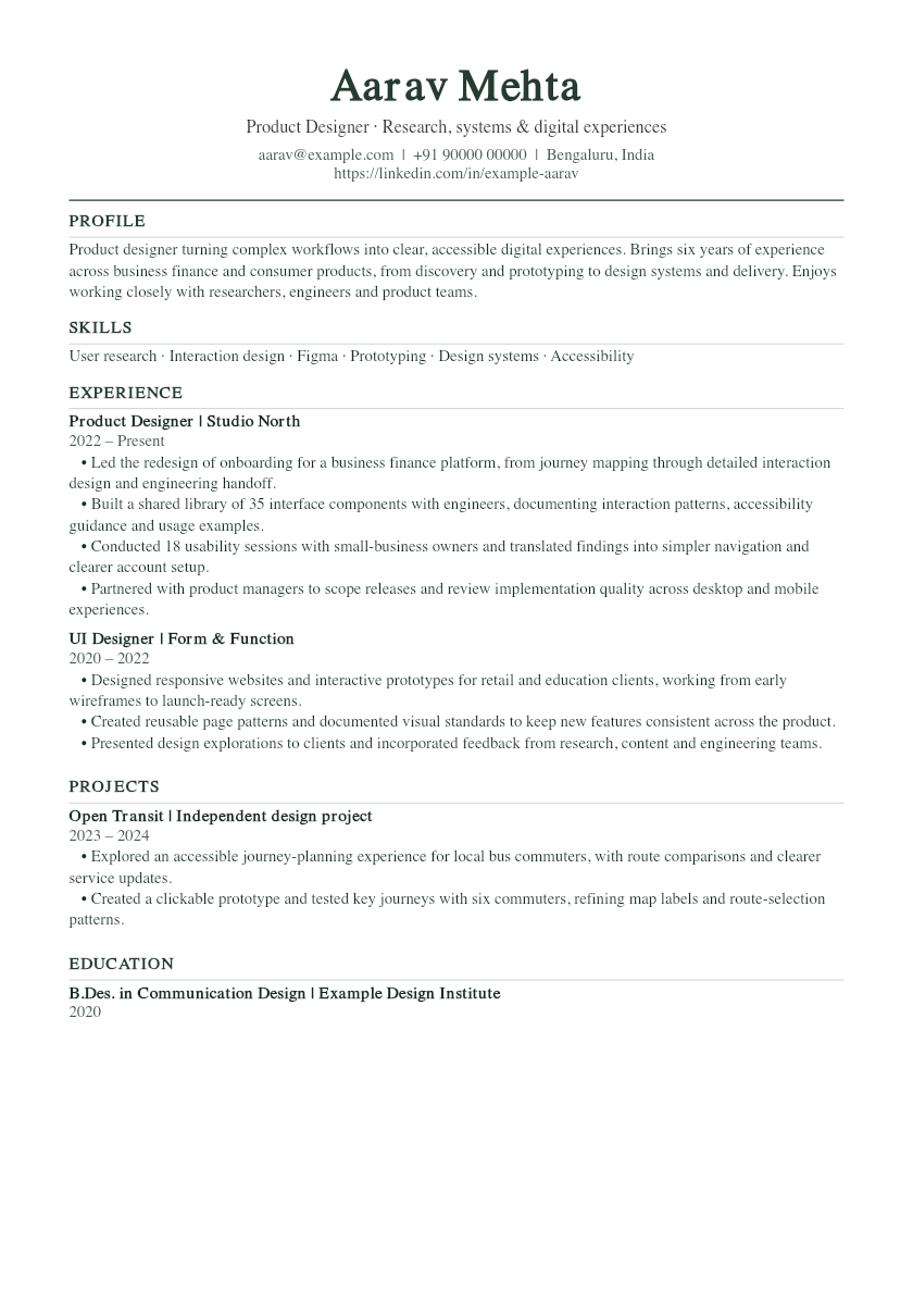 Classic template: actual sample PDF for fictional product designer Aarav Mehta