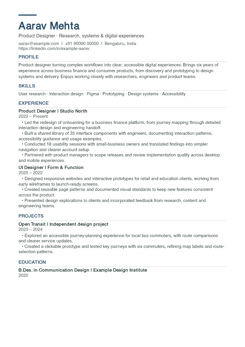 Compact template: actual sample PDF for fictional product designer Aarav Mehta