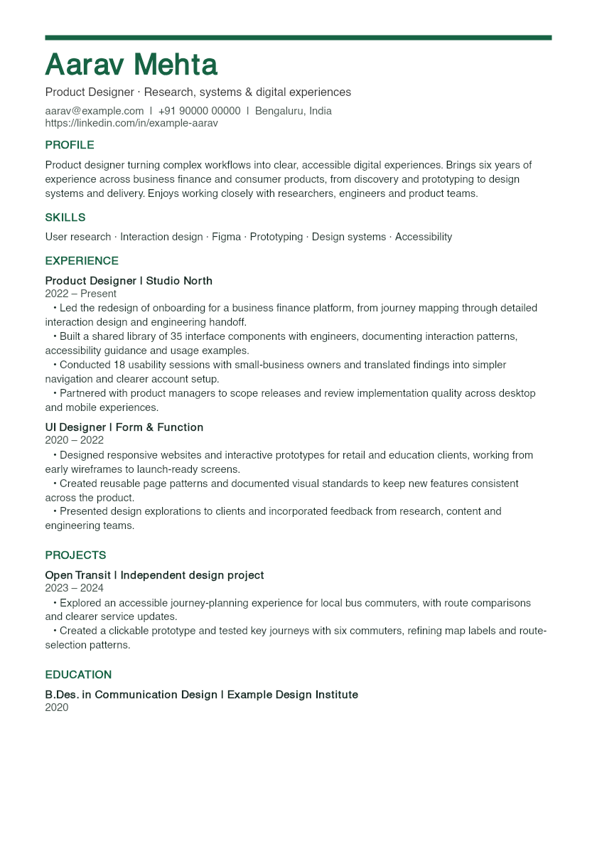 Modern template: actual sample PDF for fictional product designer Aarav Mehta